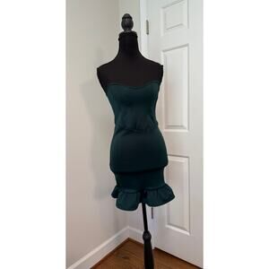 Pretty Little Thing Emerald Green Strapless Bodycon Mini Dress with Ruffled Hem
